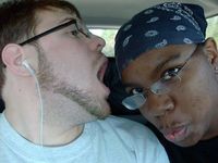 My friend and I goofing off on a road trip