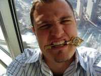 The key to my hotel room on the 57th floor of Japan's tallest building. (goofing off :)